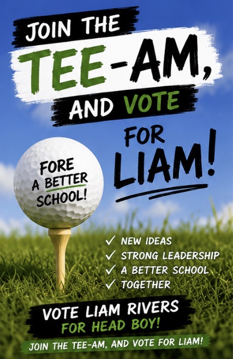Join the TEE-AM and vote for Liam — golf poster